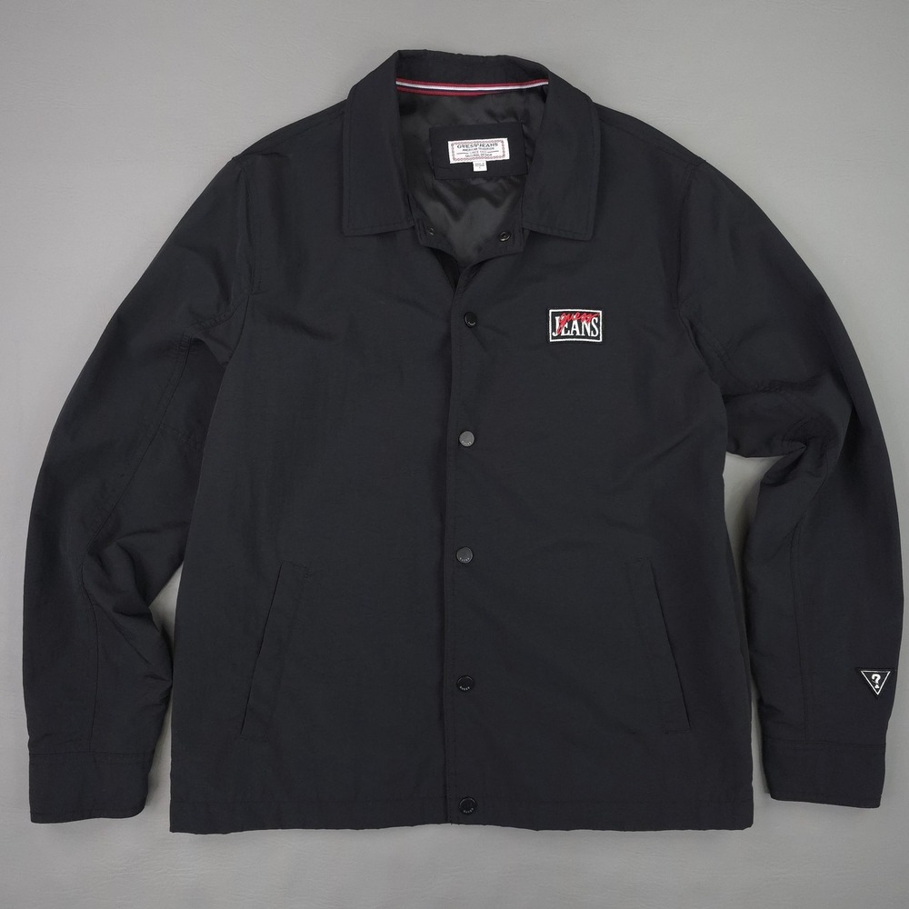 Guess Jeans Jacket Mens Large Black Snap Front‎ Lined Coach Windbreaker M11W2860